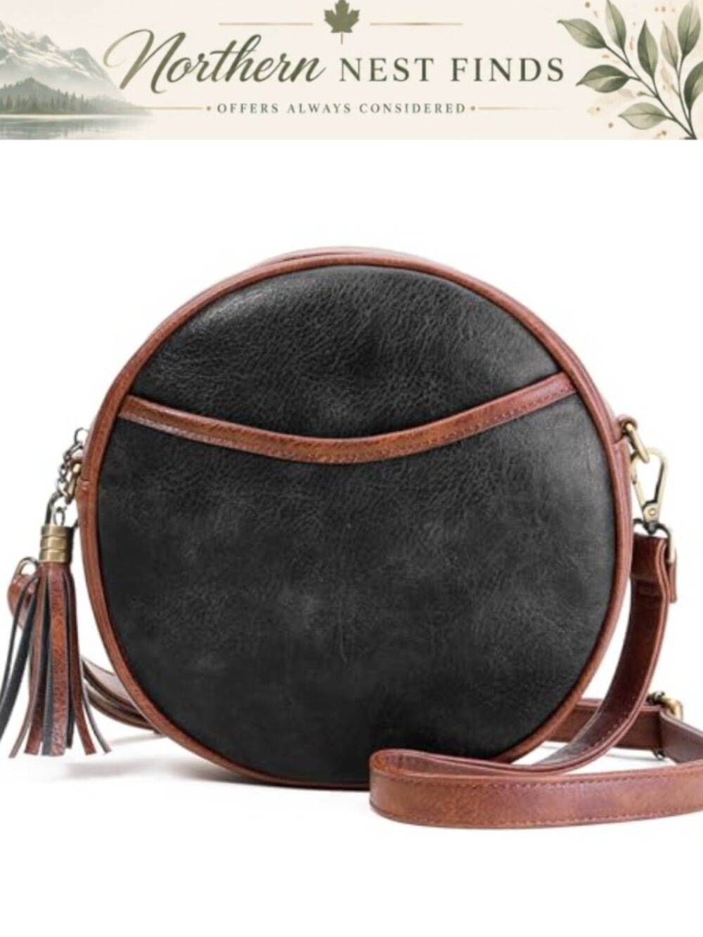 Vegan Leather Round Crossbody Bag with Card Slots Adjustable Strap